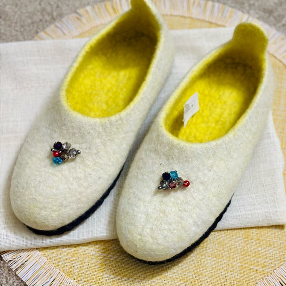 Elegant Women's Merino Wool Cream Slippers with Jewel for Holiday Gift ideas